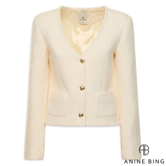 Anine Bing **NWT** Anitta V Neck Woven Jacket in Ivory / White / Cream - Picture 8 of 16